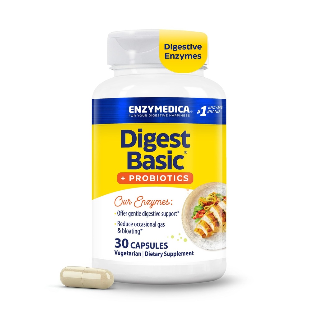 Enzymedica, Digest Basic + Probiotics, Gentle Digestive Enzymes med 400 miljoner CFU aktiva kulturer per kapsel, 30 kapslar