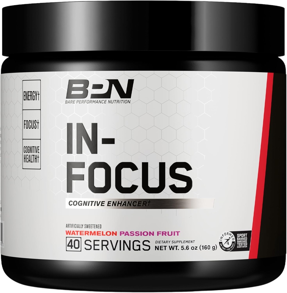 BARE PERFORMANCE NUTRITION, BPN in-Focus Brain Support Supplement, Förbättra Focus & Energy, Alpha GPC, Watermelon Passionfrukt, 40 portioner