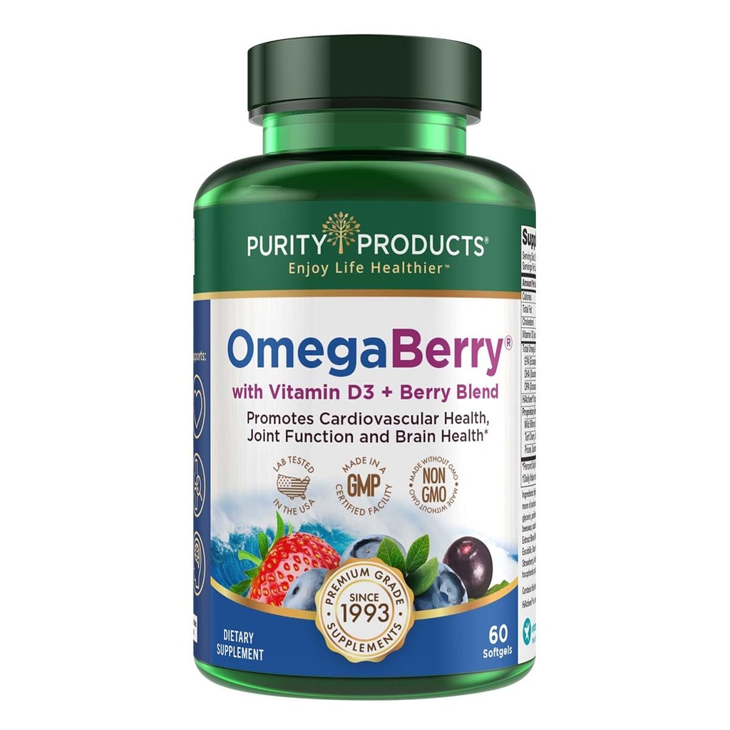 Purity Products OmegaBerry Fish Oil med vitamin D3 och organisk Acai - 1250mg koncentrerad molekylärt destillerad Ultra Pure Omega-3 Fiskolja, 500mg DHA + 650mg EPA - 60 Soft Gels - 30 Day Supply från