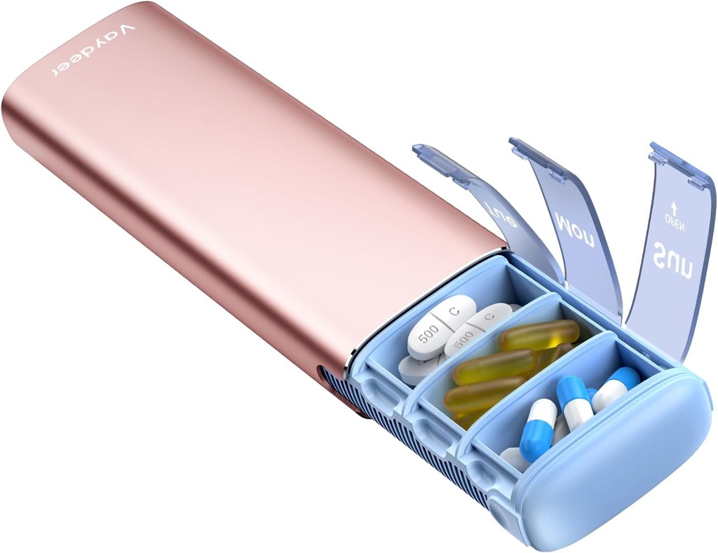 Vaydeer Metal Travel Pill Organizer, 7 Day Weekly Pill Box, Large Capacity Daily Cute Pill Case för kosttillskott, piller, vitaminer och medicinering (små, rosa guld)