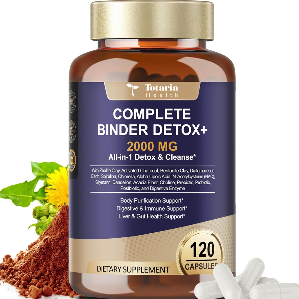 Totaria 2000MG Complete Binder Detox+ Activated Charcoal, Zeolite, Bentonite Clay, NAC, Milk Thistle, Probiotic, All-in-1 Detox & Cleanse Supplement, Liver & Gut Support, 120 Counts