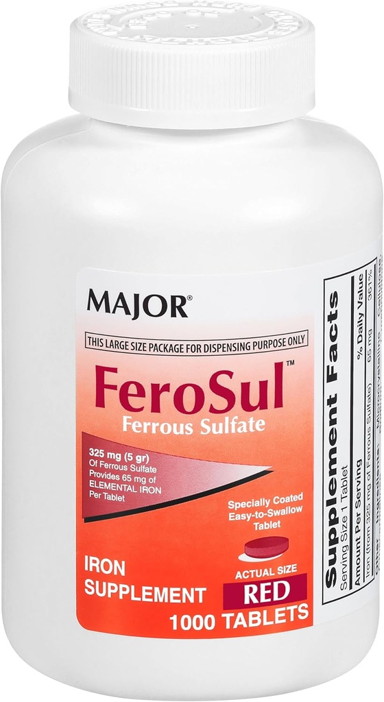 Major FeroSul - Ferrous Sulfate 325 mg tabletter - Järntillskott för kvinnor och män - särskilt belagda lätta att svälja tabletter - Röd - 1000 Tabletter