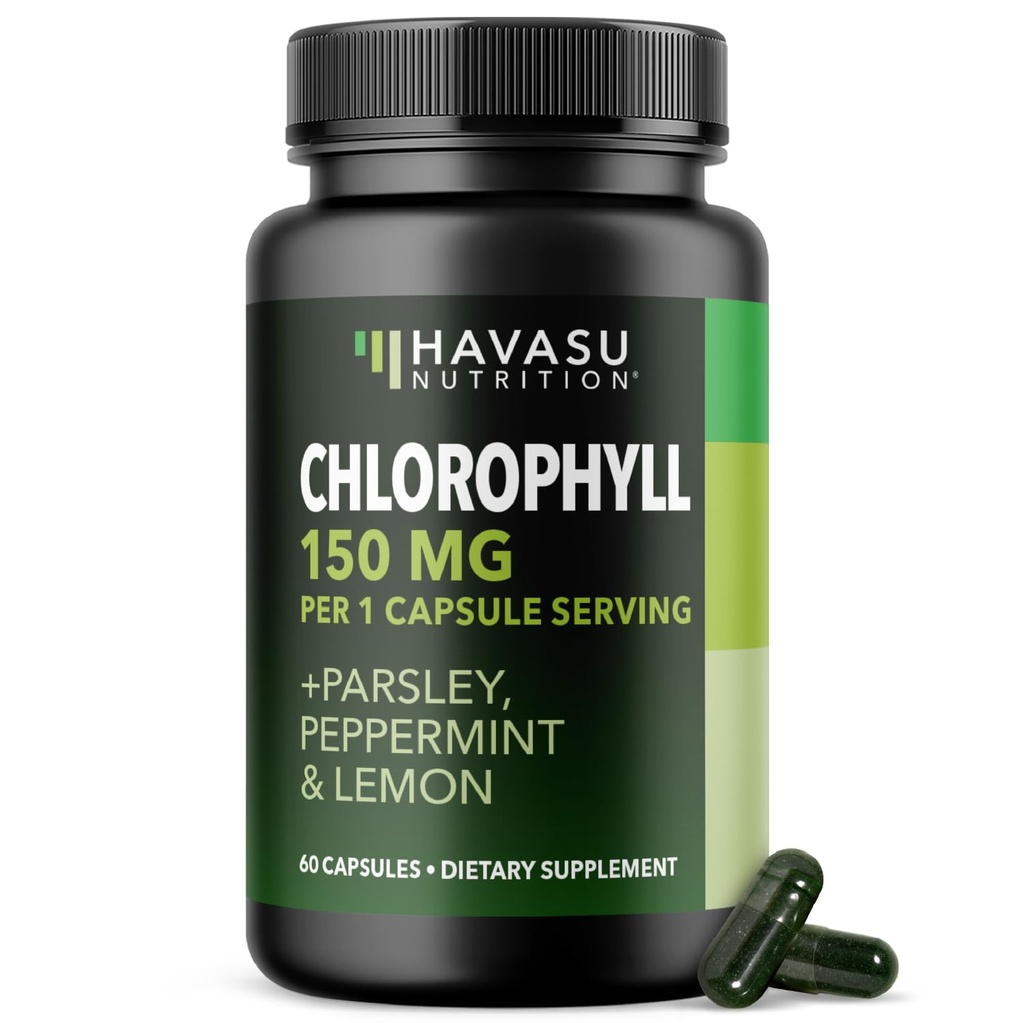 Chlorophyll Capsules 150mg Per Servering med Parsley, Peppermint & Lemon - Internal Deodorizer för kroppsfärskhet, hudhälsa och naturlig energi - 60 kapslar - Vegan, icke-GMO & Gluten Free