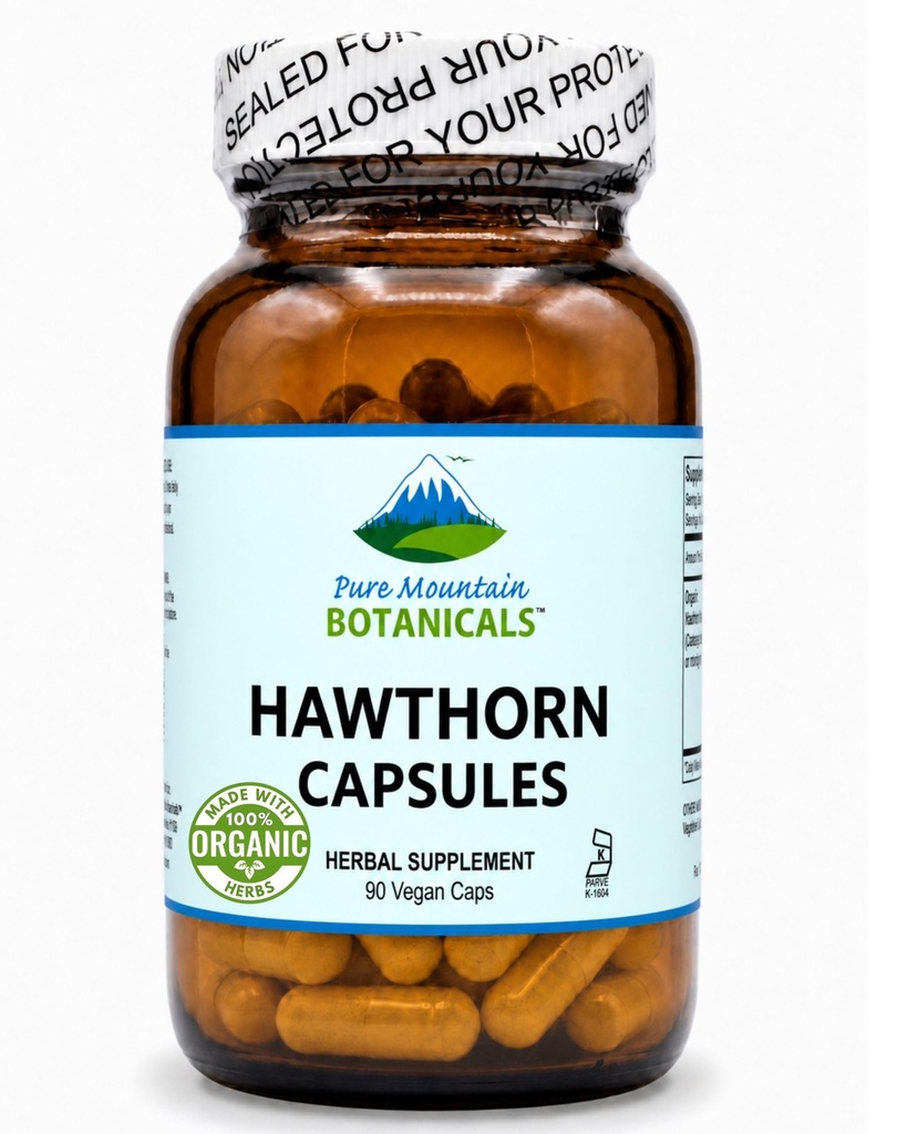 Pure Mountain Botanicals Hawthorn Berry Capsules - 1000mg Organic Hawthorn Supplement per Serving - 90 Vegan Caps - Hawthorne Berry for Heart and Cardiovascular Wellness Support