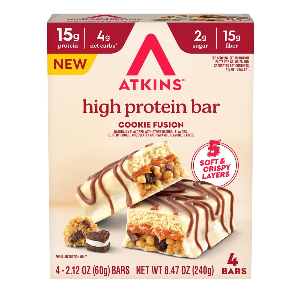 Atkins High Protein Bars, Cookie Fusion Flavor, 15g of Protein, 4g Net Carbs, Keto Protein Bars, Low Sugar, 4 Count