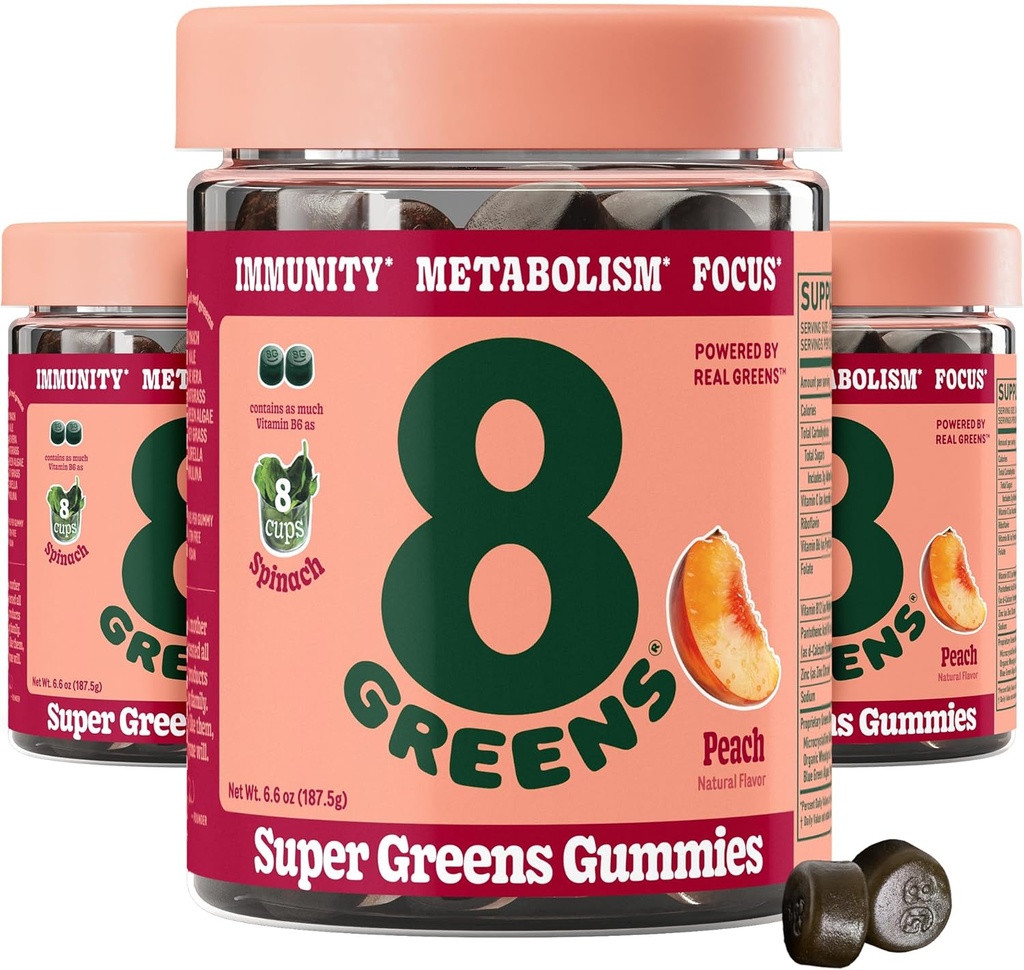 8Greens Supergreens Gummies | Super Greens Powder Superfood Gummy för Metabolism, Immunity & Focus, Digestive Health Enzymes, Organic: Chlorella, Spirulina, Aloe Vera, Peach Flavor, 150 Count