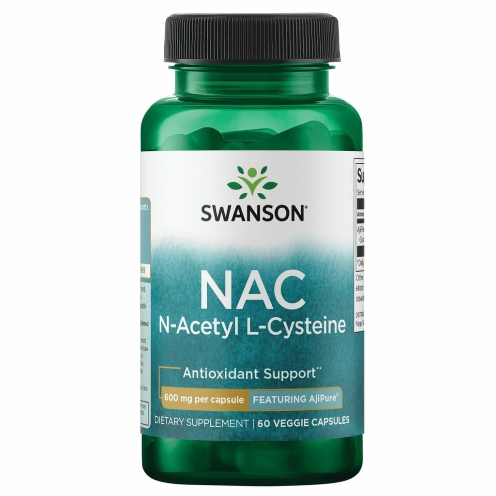 Swanson Amino Acid Ajipure N-Acetyl-L-Cysteine Pharmacecal Grade 600 Milligrams 60 Veg Capsules