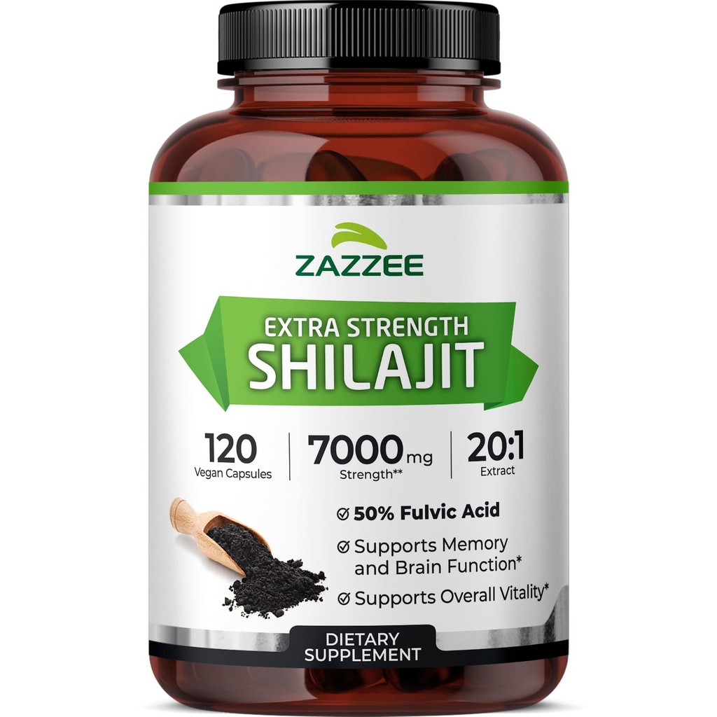 Zazzee 100% Pure Himalayan Shilajit 20:1 Extrakt, 7000 mg Styrka per kapsel, 50% Fulvic Acid, 120 portioner per flaska, 20X Potens, Rich i spårmineraler, icke-GMO, Vegan, Made in the USA