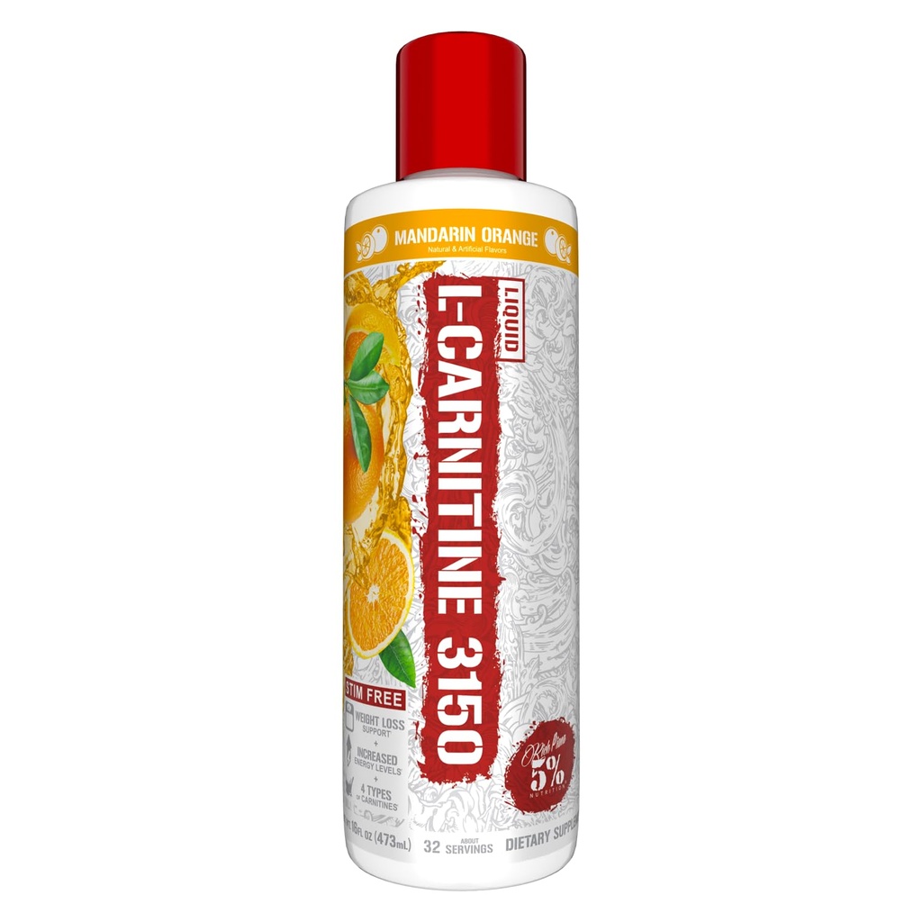 5% Nutrition Rich Piana Liquid L-Carnitine 3150 | Premium 4 Source Blend + GBB, Super Carnitine (Mandarin Orange)