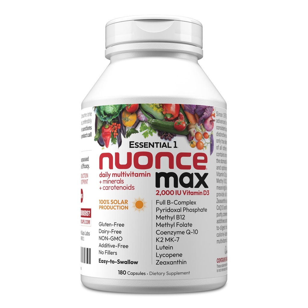 ANDREW LESSMAN Essential-1 nuonce max Multivitamin 2000 IU Vitamin D3 180 Small Capsules. 100 mcg Methyl B12. CoQ10 Lutein Lycopene Zeaxanthin. Hög styrka. Inga tillsatser. Ultra-Mild One Daily Capsule