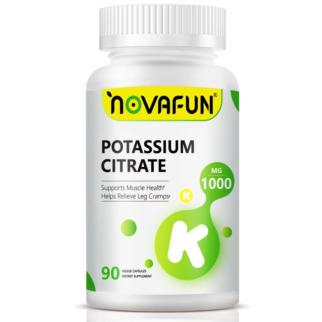 Kaliumcitrat 1000mg, kaliumtillskott för Leg Cramps, Muscle & Heart Health, Vegan, Non-GMO, Gluten Free, 90 kapslar