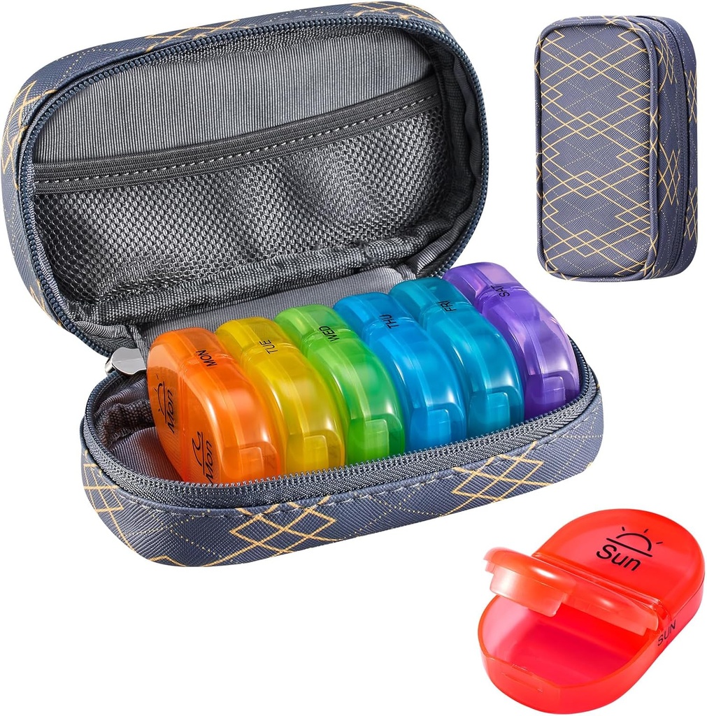 Serfeymi Weekly Travel Pill Organizer 2 Times A Day AM PM Uppgraderad Rainbow Pill Box 7 Dag med Portable Zipper PU Leather Pill Case, Medicine Organizer för piller, vitaminer, fiskoljor - Lines 01