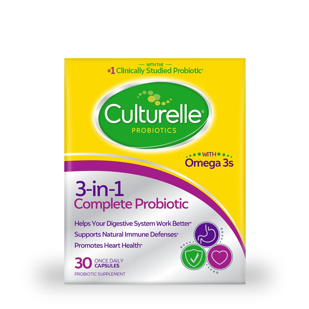 Culturelle 3-i-1 Komplett Probiotisk Daglig Formel, En gång per dag Probiotisk Tillägg, Hjälper Ditt Digestivsystem Arbeta Bättre, Stöder Naturliga Immunförsvar, Plus Omega 3, Non-GMO, 30 Räkna