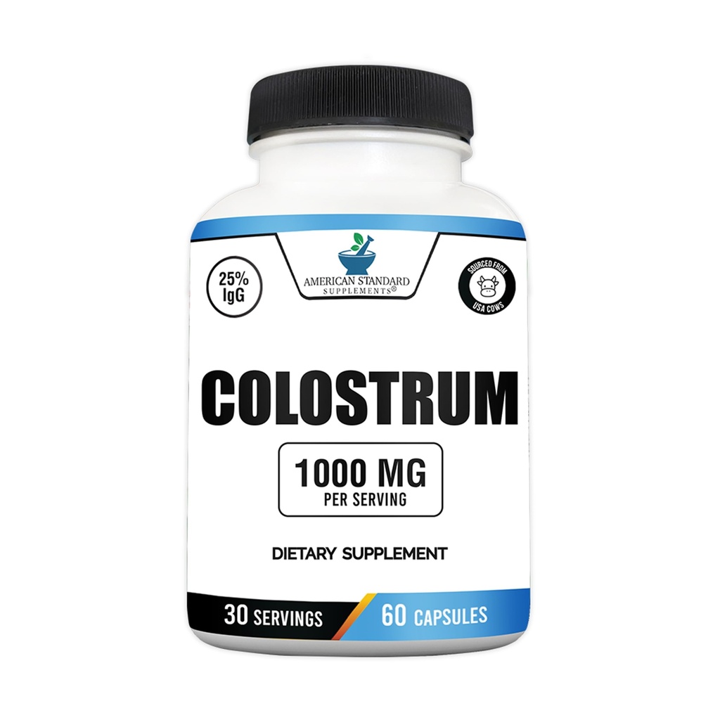 American Standard Supplements Colostrum Capsules - 1000mg Per Serving, 60 Capsules, USA Sourced Cow Colostrum, Standardiserad till 25% Immunoglobulins (IgG)
