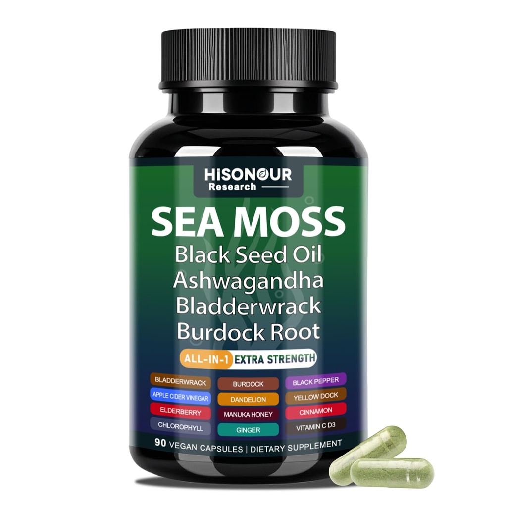 Sea Moss Capsules with Sea Moss, Black Seed Oil, Ashwagandha, Bladderwrack, Burdock Root, Ginger, Vitamins C & D3, All in 1 Sea Moss Supplement for Immune System & Energy Support - 90 Capsules