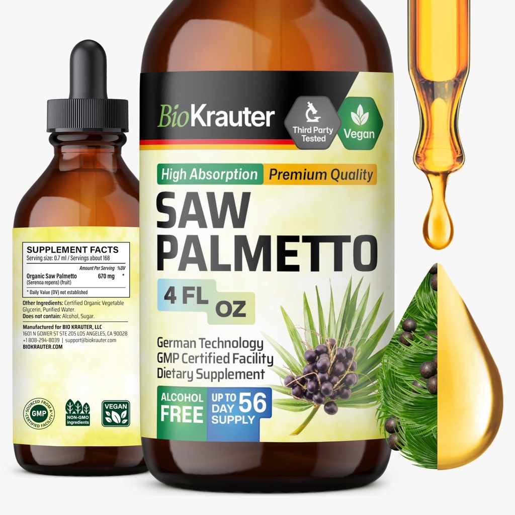 BIO KRAUTER Saw Palmetto Extract - Vegan Saw Palmetto för män och kvinnor - Urinary Support - Alcohol & Sugar Free - 4 Fl.Oz.