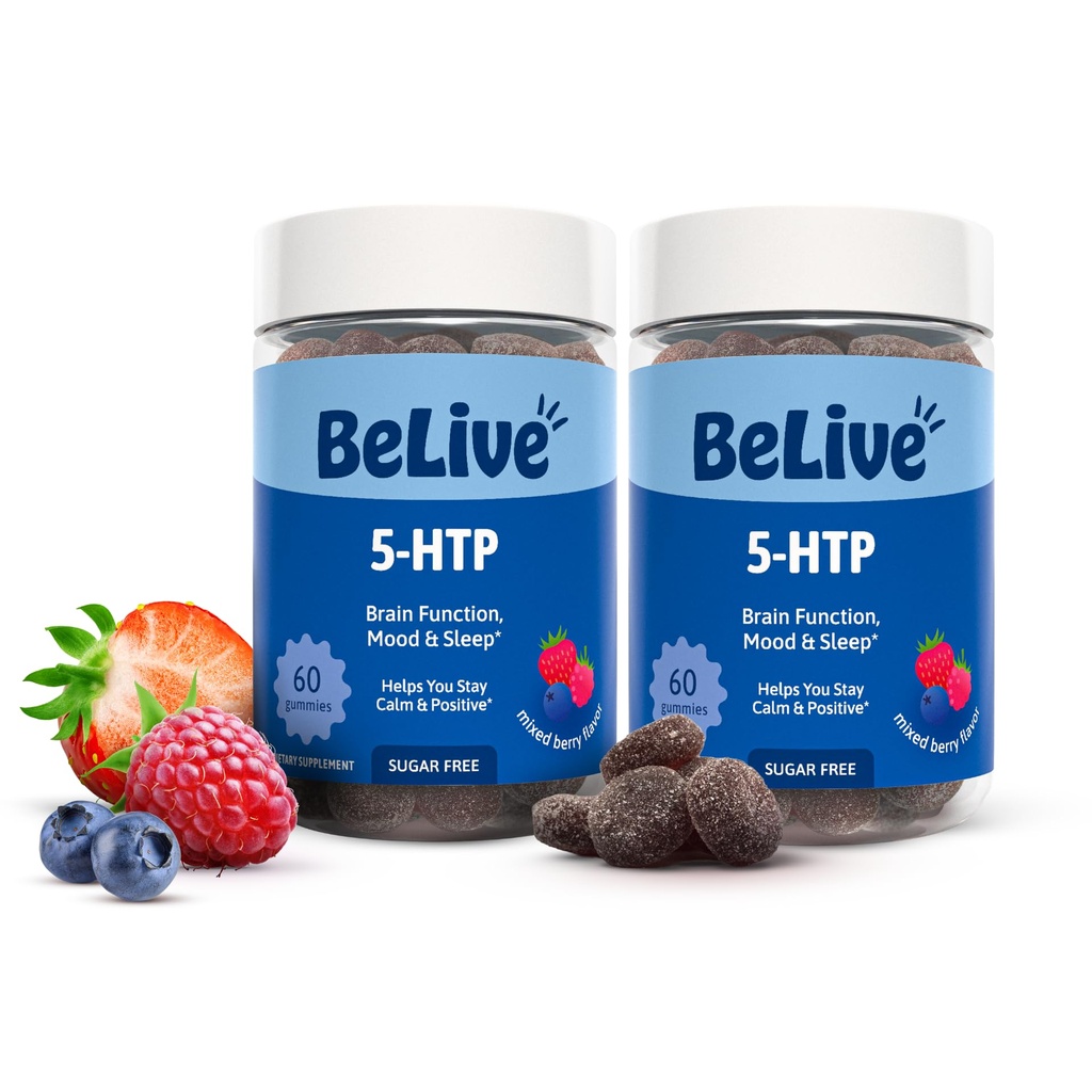BeLive 5-HTP Gummies - 2 Pack - 120 Ct I 5HTP Calming Gummies för ökad fokus, avkoppling och vila för vuxna | Vegan - Mixed Berries Flavor