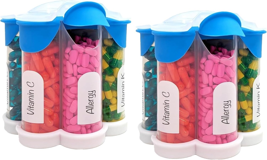 Extra Large Pill Organizer Daily, Weekly, Monthly Supplement Bottle, Cute Blossom Pill Dispenser med 7 XL Compartments (2 Pack Combo) (Light Blue 2 Pack)