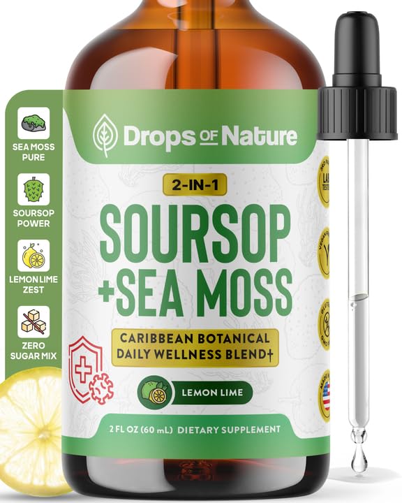 Soursop med Sea Moss Liquid Supplement - Mer koncentrerad än Sea Moss Gel - enkelt Mix med drycker - Soursop Bitters Liquid Drops för Hydration och Immune Support (Lemon Lime, 60mL)