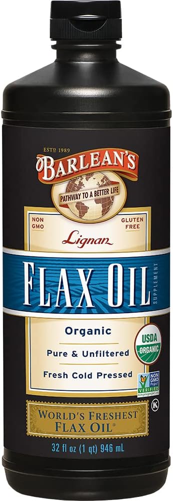 Barleans Organic Lignan Omega 3 Flaxseed Oil Liquid Supplement för män och kvinnor, Cold Press Flax Seeds, 7230mg ALA Fatty Acid, Vegan och Gluten Free, 32 oz