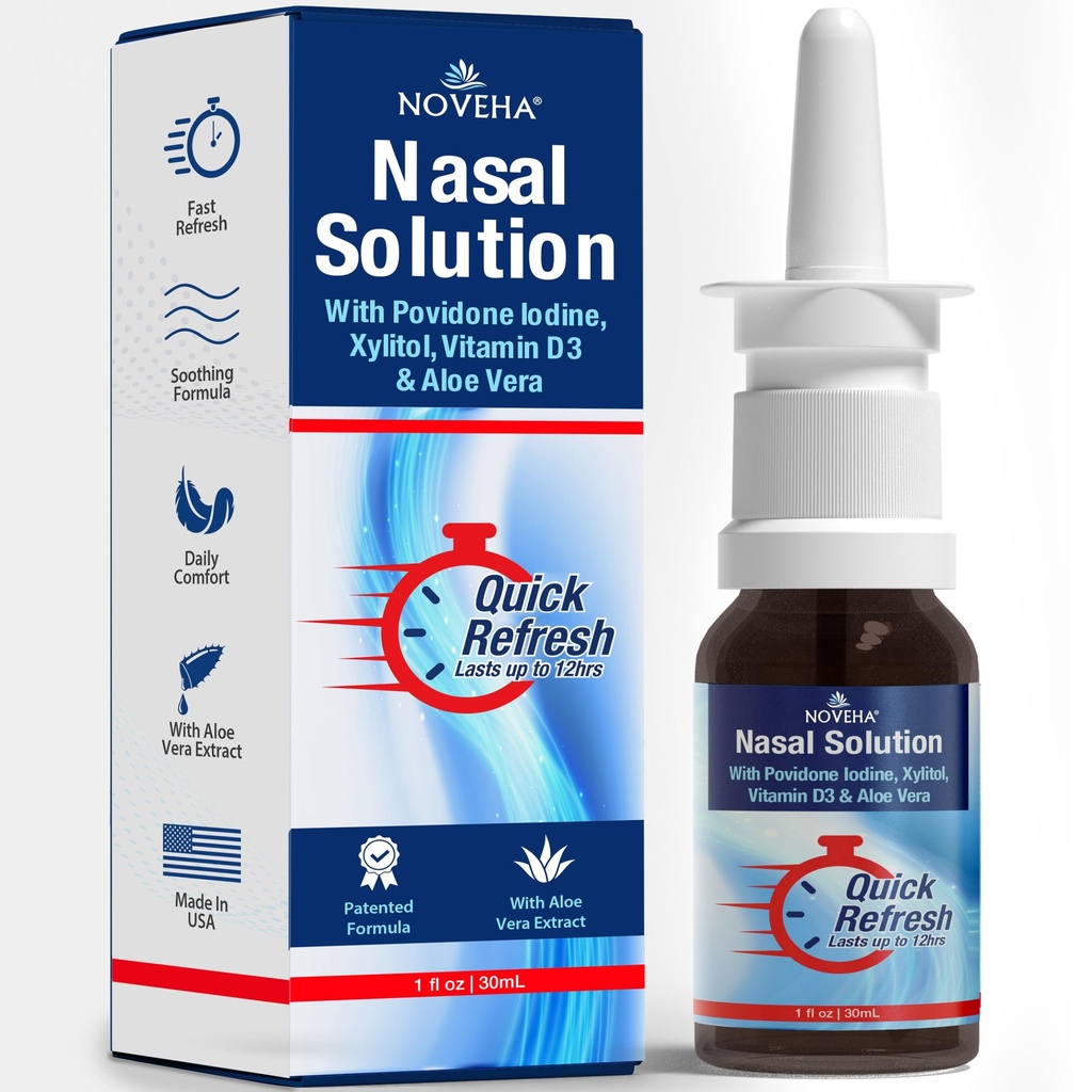 NOVEHA Iodine Nasal Spray - Nose Spray for Humans - Cleanses & Refreshes Nasal Passages - with Vitamin D3 & Aloe Vera - Natural Daily Nasal Cleanser - Made in USA - 30mL