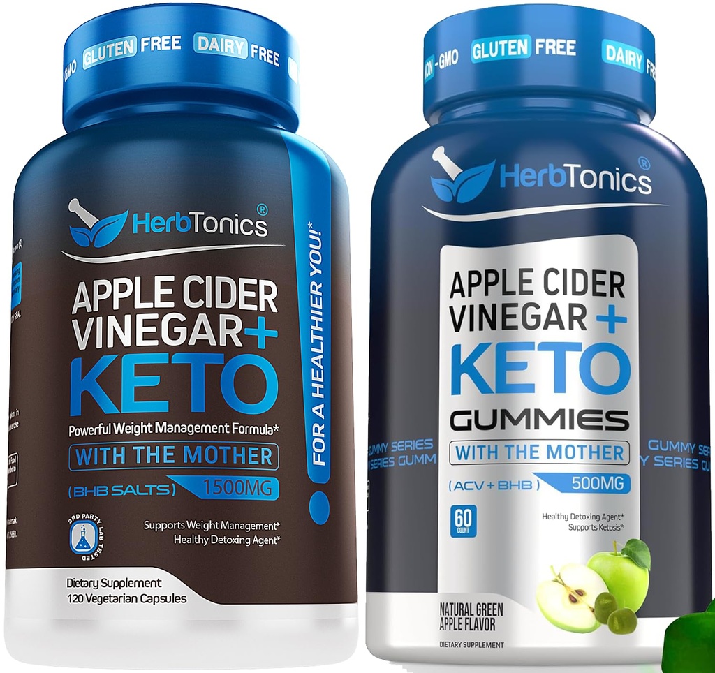 Herbtonics Apple Cider Vinegar kapslar med Keto BHB - Stöder Digestion, Detox och Metabolism för kvinnor och män, Sugar-Free, Keto Formel.