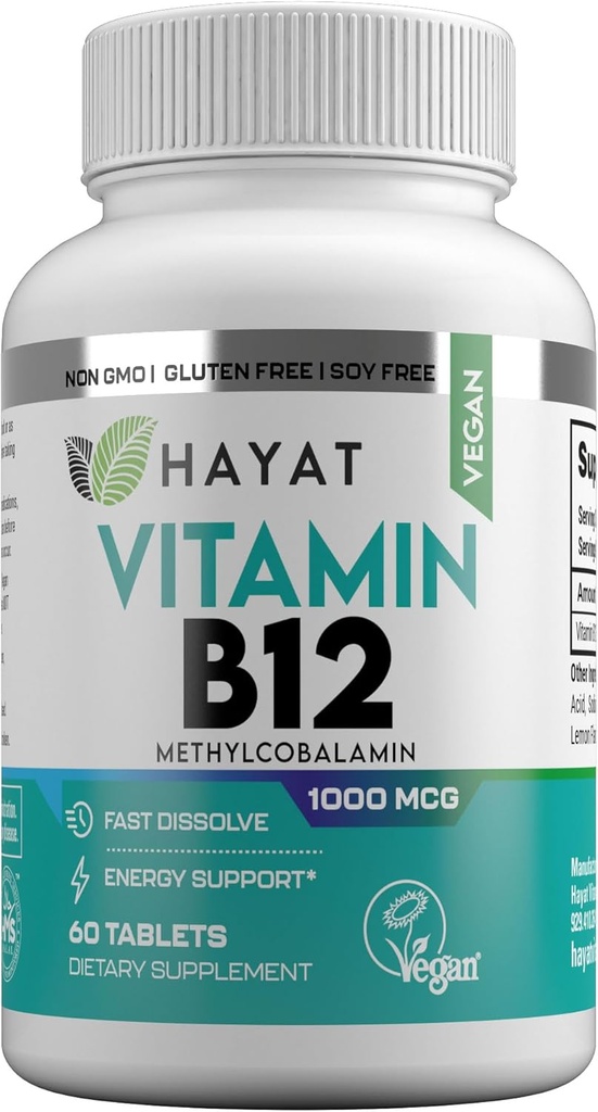 HAYAT Vitamins Vegan Natural Vitamin B12 1000 MCG, Dietary Supplement for Energy Metabolism Support, 2 Month Supply, All Natural, Certified Halal, 60 tabletter, Made in the USA