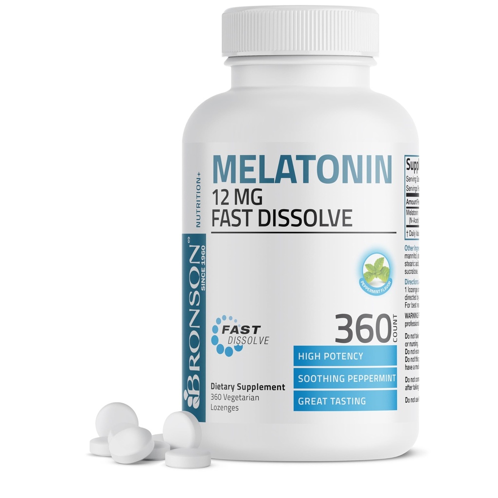 Bronson Melatonin 12mg Snabbupplöst nattsömnhjälp Support & Relaxation Support, 360 Peppermint Vegetarian Lozenges