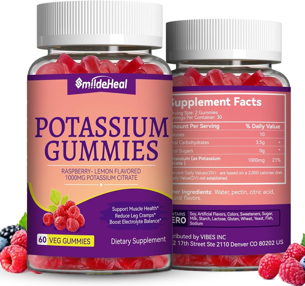 2 Pack Kalium Supplement Gummies 1000mg, Kalium Gummies för vuxna, Support Leg Cramps & Muscle Health - Vegan, Non-GMO, 120 Räkna