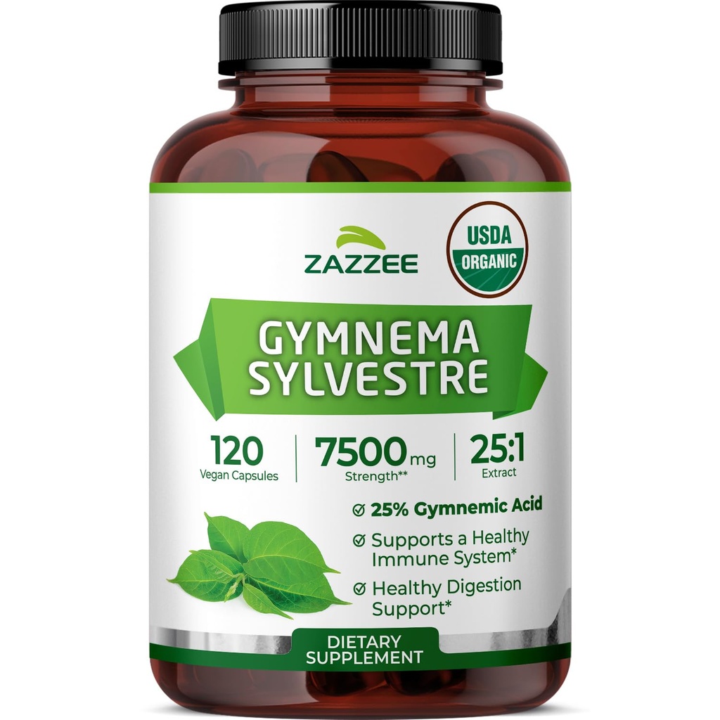 Zazzee Organic Gymnema Sylvestre 25:1 Extrakt, 7500 mg Styrka, 25% Gymnemic Acid, 120 Vegan kapslar, 4 månaders leverans, Standardiserad och koncentrerad 25X Extract, All-Natural och icke-GMO