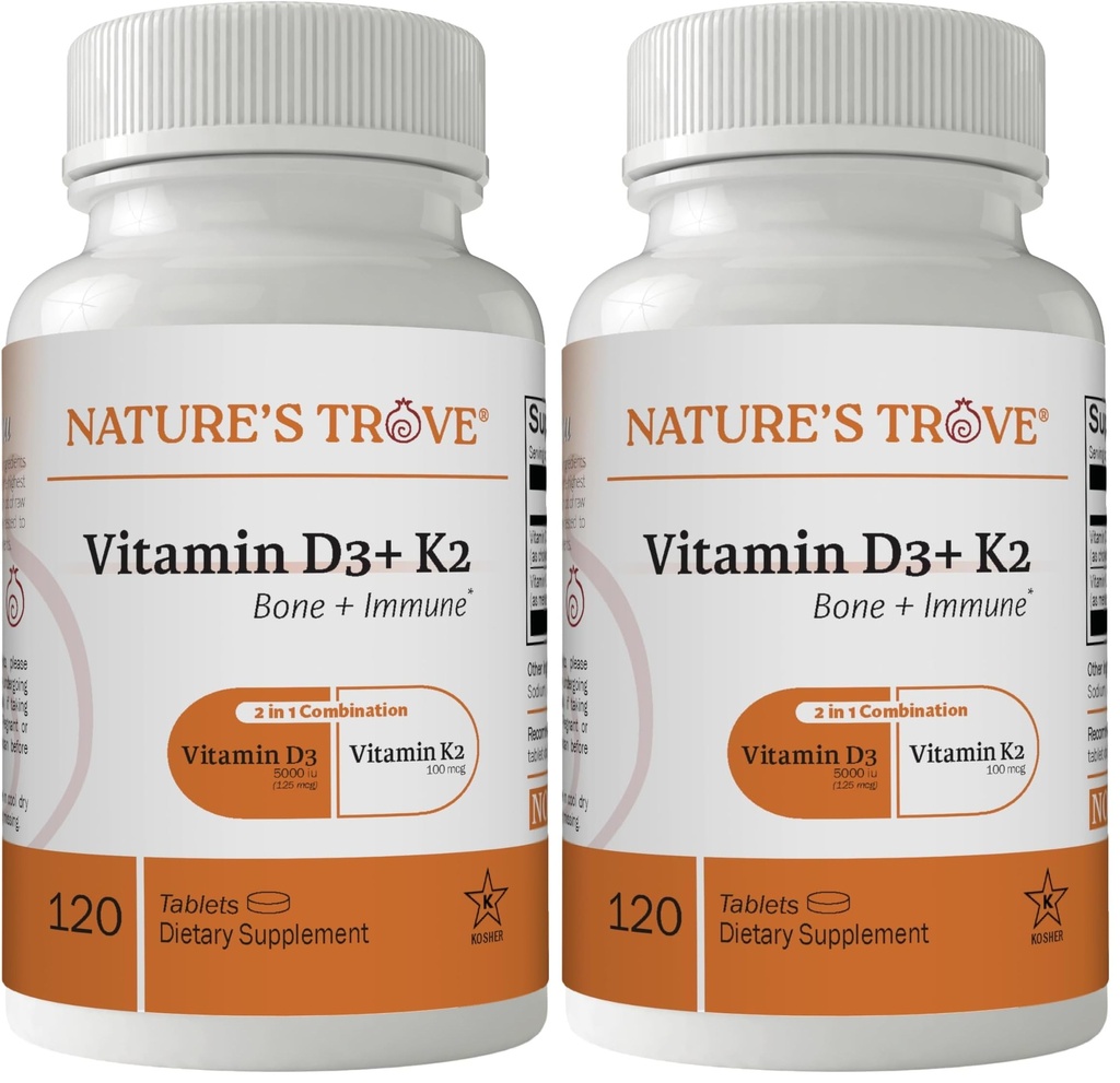 Nature's Trove Vitamin D3 5000 IU Plus K2 100mcg for Bone Health & Immune Support - 120 Tablets - 2-in-1 Formula (Pack of 2)