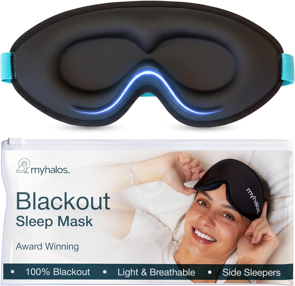 MyHalos® Sleep Mask – 3D Blackout Eye Mask for Women & Men, Side Sleepers, Zero Pressure Memory Foam Eyelash Friendly, Breathable,Award-Winning Sleep Aid for Travel (Black, 1 Count (Pack of 1))