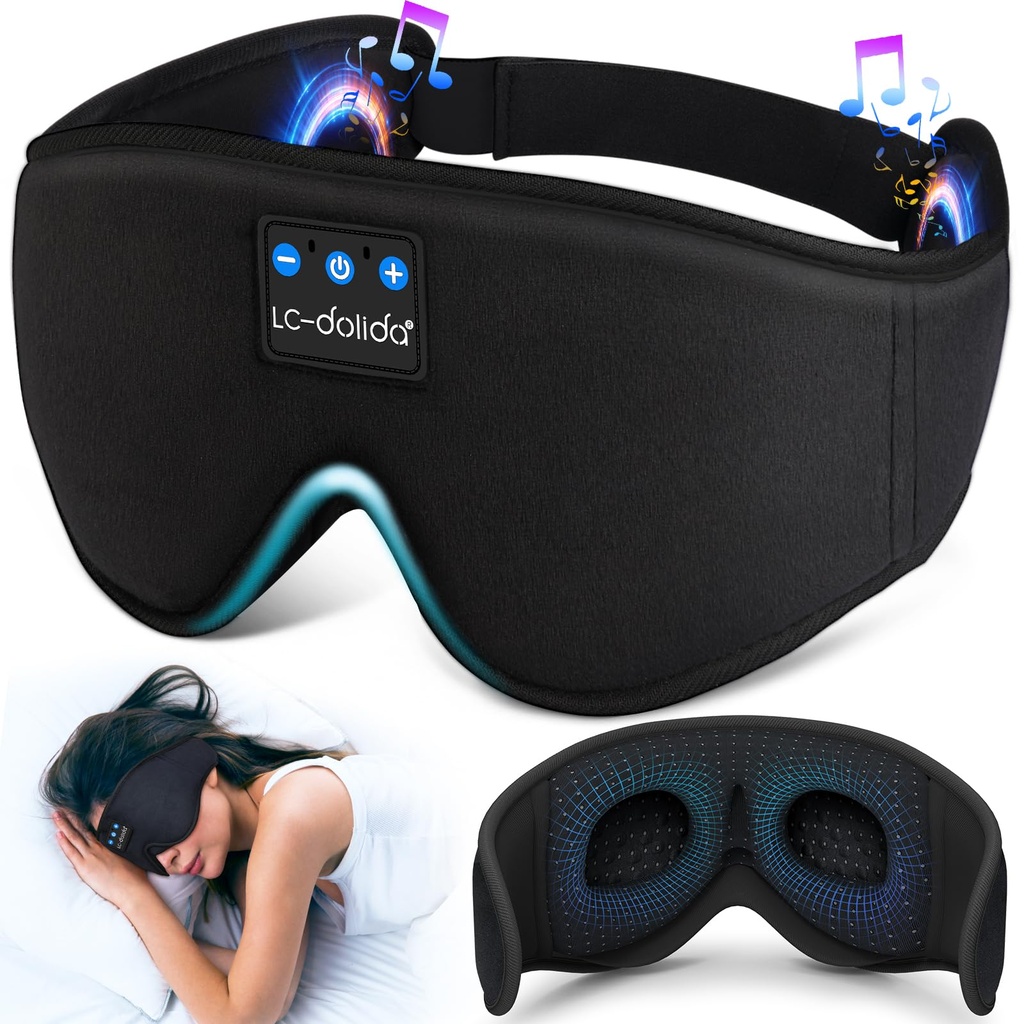 LC-dolida Sleep Headphones, 3D Sleep Mask Bluetooth Wireless Music Eye Mask, Sleeping Headphones for Side Sleepers Sleep Mask with Bluetooth Headphones Ultra-Thin Stereo Speakers Perfect for Sleeping