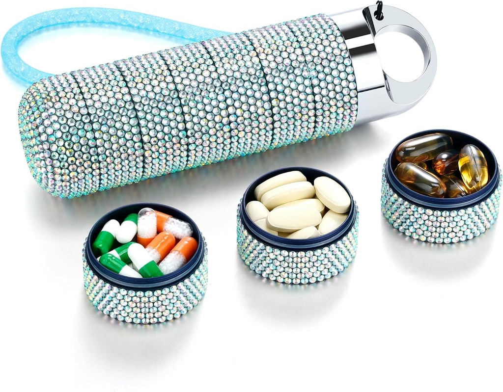 Zannaki Metal Bling Pill Organizer, Travel Waterproof Weekly Pill Box, Portable Large Aluminum Alloy Pill Case Container, BPA Free 7 Day Daily Medicine Organizer Holder for Vitamin,Fish Oil,Supplement