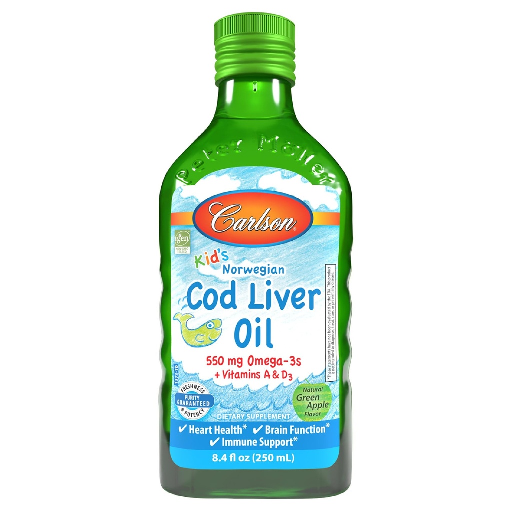 Carlson - Kid's Cod Liver Oil, 550 mg Omega-3s, Plus Vitamins A och D3, Liquid Fish Oil, Wild Caught Norwegian Arctic Cod, Sustainably Sourced Nordic Fish Oil, Green Apple, 250 ml (8,4 Fl Oz)