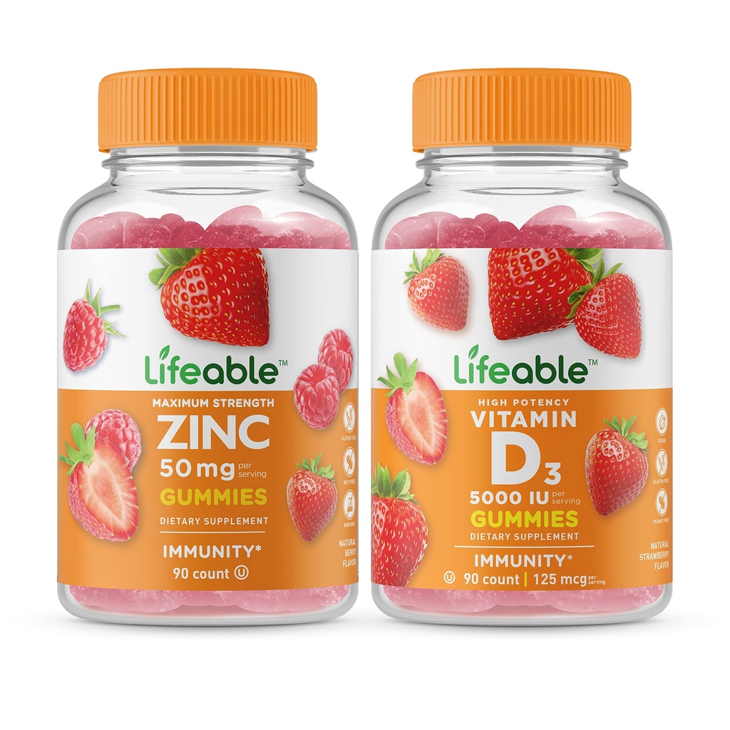 Livlig Zink 50mg + Vitamin D 5000 IE, Gummies Bundle - Great Tasting, Vitamin Supplement, Gluten Free, GMO Free, Chewable Gummy