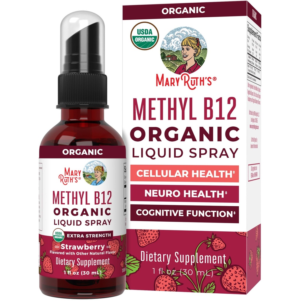 MaryRuth Organics Vitamin B12 Liquid Spray | Vegan, icke-GMO, Gluten-Free | USDA Organic Supplement | Energy & Nervous System Support | B12 Vitaminer för kvinnor & Män | 720 mcg | 1 Fl Oz