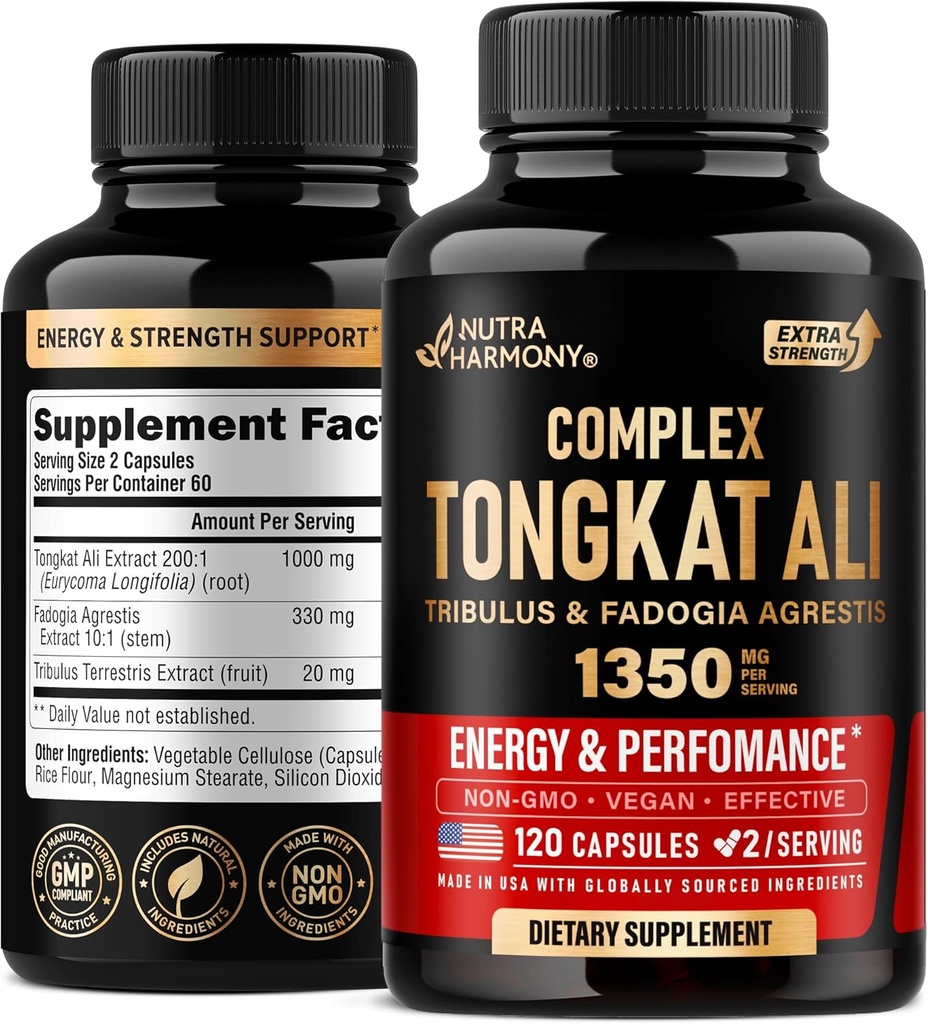 Tongkat Ali Men 1350mg Complex - Fadogia Agrestis | Tribulus Terrestris - Energy, Strength & Performance Support - Extra Strength 200:1 Extract - 3rd Party Tested, Made in USA - 120 Capsules / 2 Month