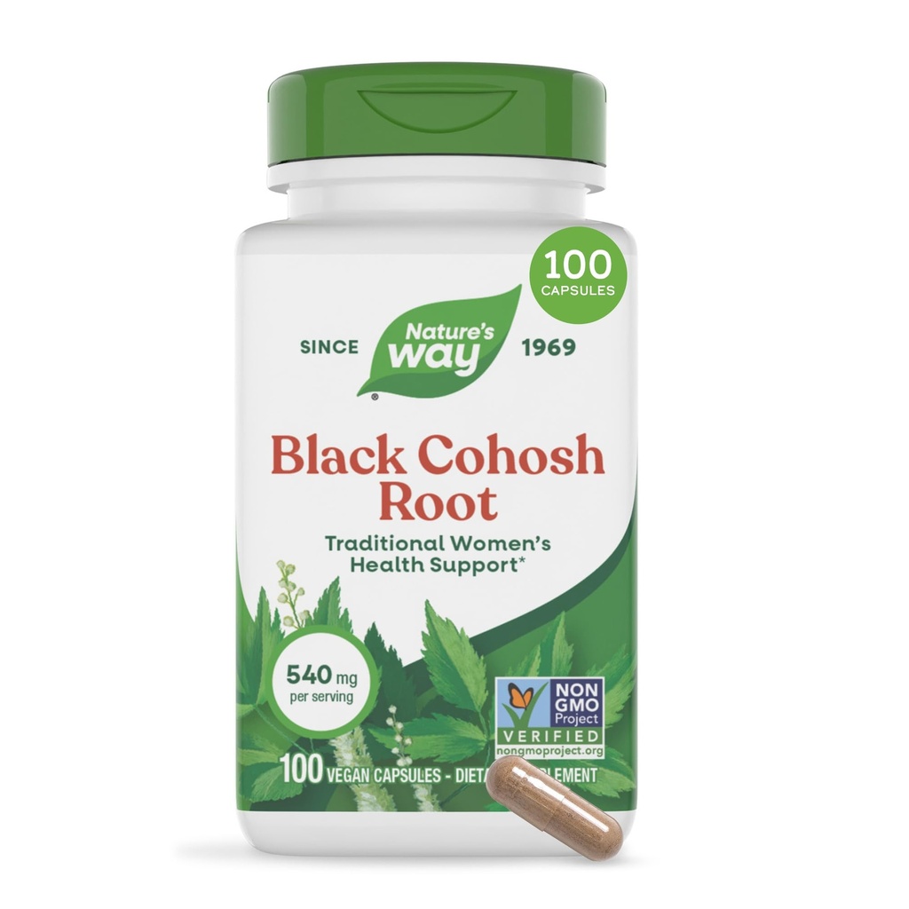 Naturens Way Black Cohosh Root, traditionellt stöd för kvinnors hälsa*, 540 mg per servering, icke-GMO-projekt verifierat, 100 kapslar