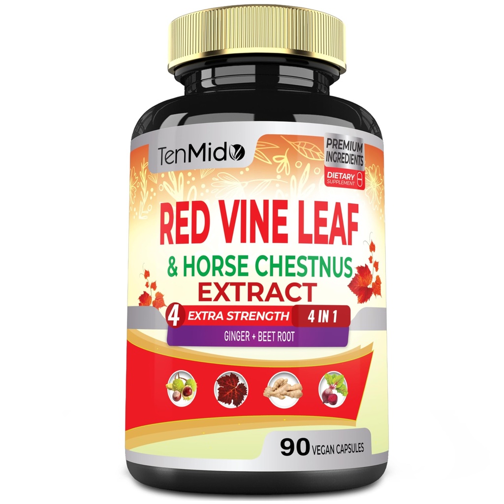 Red Vine Leaf Extract Capsules - med Horse Chestnut, Beet Root, Ginger - Herbal Supplement för hjärta, Leg Vein & Energy - 90 Vegan kapslar för 45 dagar
