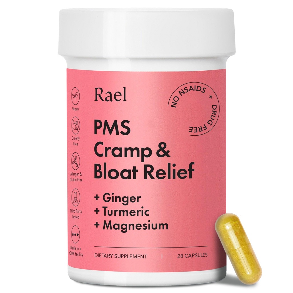 Rael PMS Supplement, Hormone Balance för kvinnor, lättnad från menstruationskramper, periodbloating, humörsvängning behandling med gurkmeja, ingefära, magnesium, inga NSAID, Vegan (28 kapslar)