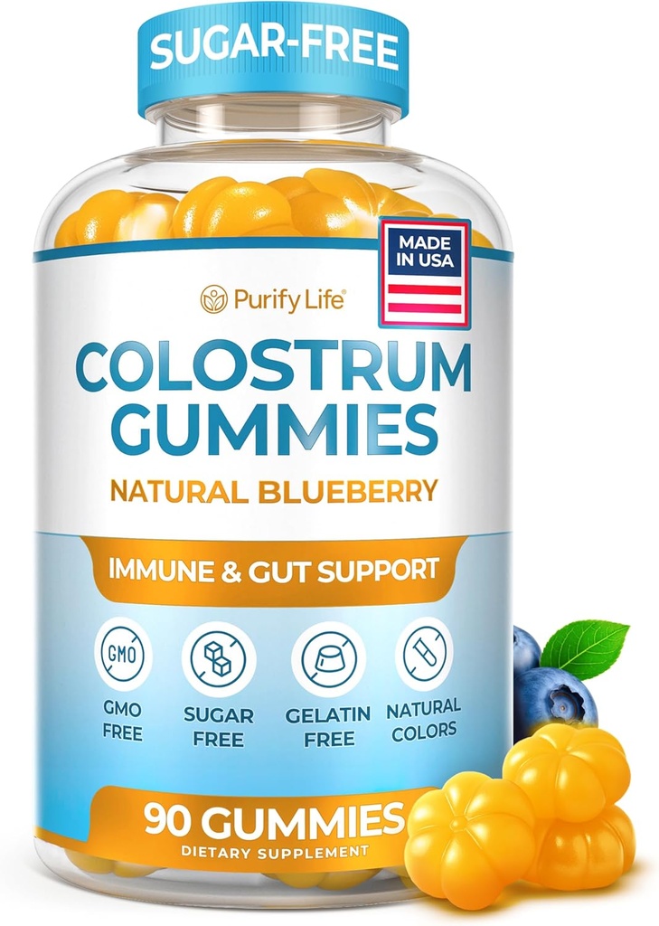 Sugar-Free Colostrum Gummies (1500mg) Bovine Colostrum för människor, Grass-Fed Supplement för Gut Health, Leaky Gut Repair, Immune Support, Hudhälsa - 35% IgG Per Servering