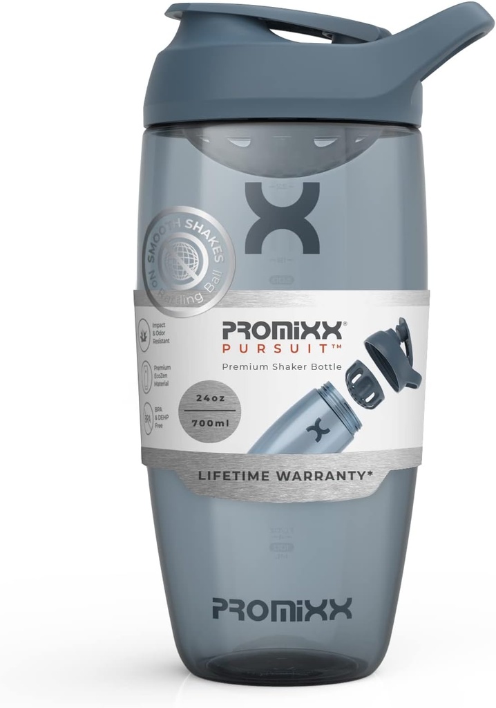 Promixx Pursuit Protein Shaker Bottle (24 oz) - Silent No-Ball Mixer, Leak-Proof Lid, BPA / BPS & Phthalate-Free ECOZEN - Easy-Clean Shaker Cup för Protein Shakes, Pre & Post-Workout Smoothies