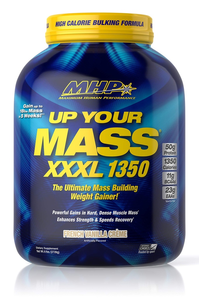 Maximal mänsklig prestanda MHP UYM XXXL 1350 Mass Building Weight Gainer, Muscle Mass Gains, w/50g Protein, High Calories, 11g BCAAs, Leucine, French Vanilla Creme, 8 portioner