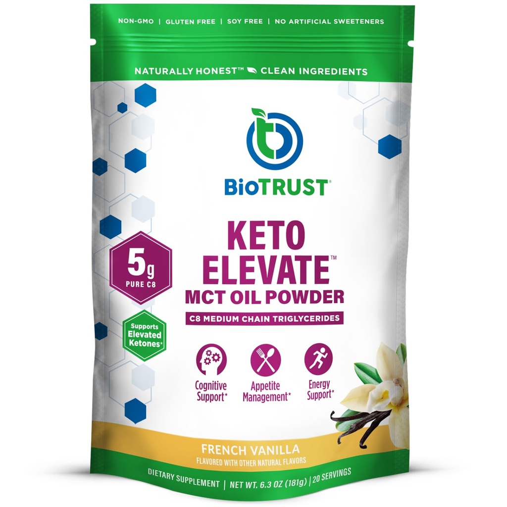 BioTrust Keto Elevate - C8 MCT Oil Powder - Ketogen MCT Coffee Creamer, Keto Coffee Creamer - Clean Energy, Mental Focus, Clarity -100% Caprylic Acid MCT Powder, Non-GMO (French Vanilla, 20 portioner)