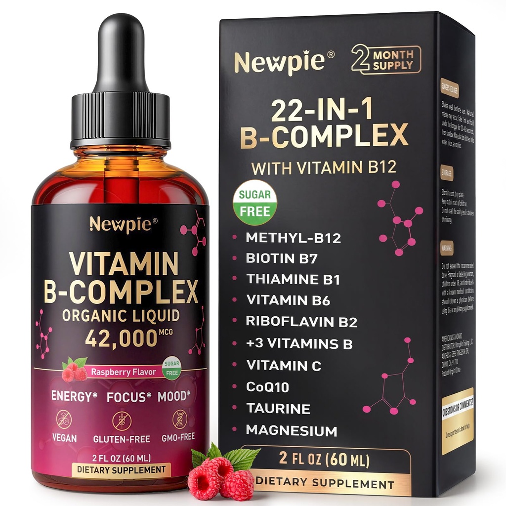 Vitamin B Complex Liquid Drops - B12 Methylcobalamin, B6, B1, Niacin & Folate, Biotin, Vitamin C, Choline, Inositol, CoQ10 & Taurine - Methylated Sublingual for Energy & Focus - Vegan, Organic