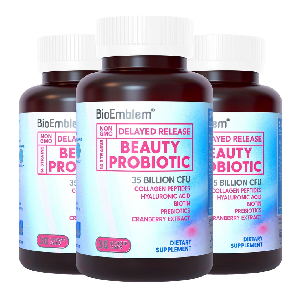 BioEmblem Beauty Probiotics for Women, 35 miljarder CFU 14 Stammar med Biotin, Collagen, Prebiotics for Digestive Health, Hair Skin och Nails, Vaginal Probiotics Supplement, Shelf Stable, 90 Caps