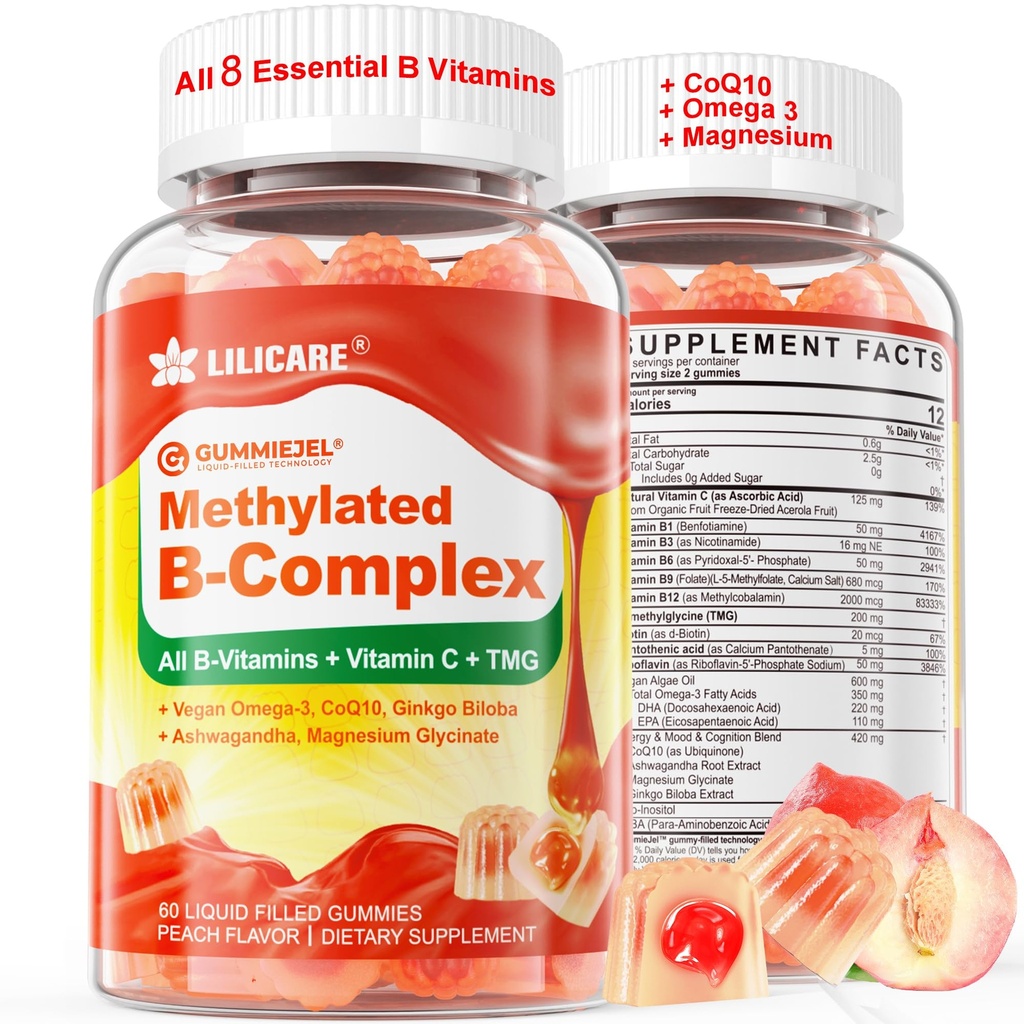Super Methylated Vitamin B Complex Gummies - Alla B Vitaminer + Omega-3, Magnesium, CoQ10, Ashwagandha, Vitamin C, TMG- För Kvinnor Men-metyl B12 2000 mcg, Methylfolate, B1, B2, B3, B5, B6, B7- Sugar Free