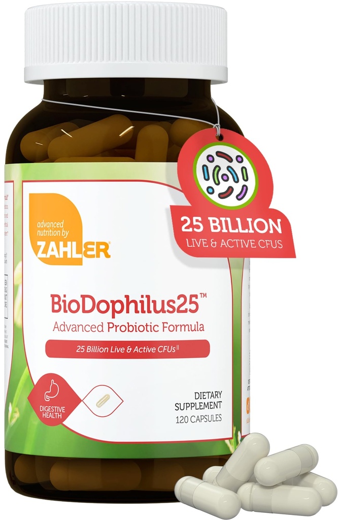 Zahler BioDophilus25, 25 miljarder CFU Probiotic + Prebiotic - 11 Strains Daily Probiotic Supplement - Kosher Probiotics for Women for Digestive Health, Probiotics for Men for Gut Health (120 kapslar)