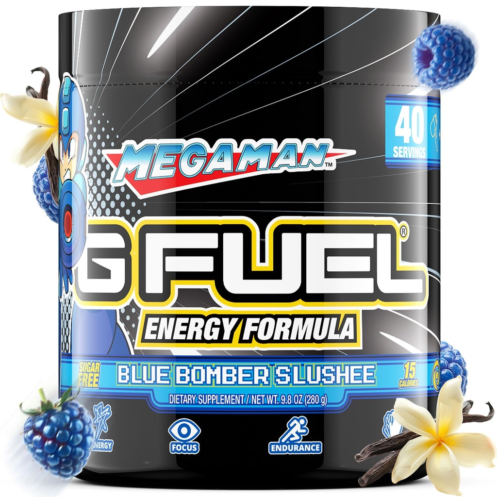G Fuel Megaman Energy Drink Powder, Pre Workout Caffeine Mix för spel, Sugar Free Focus Amino, Vitamin + Antioxidanter, 9.9oz (Blå Slushee, 40 portioner)